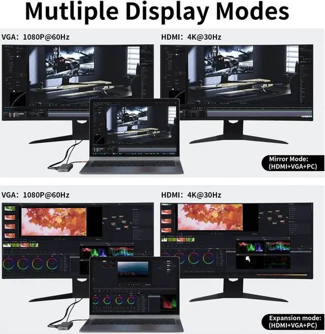Alt view image 4 of 5 - MEANHIGH Docking Station, 10-in-1 USB C Dual Monitor Dock Station, HDMI 4K, VGA, 3 USB Port, SD/TF, 3.5mm Audio, PD 100W, Ethernet Multiport Adapter for Windows MacBook Air Pro Dell HP, 1 Pack, Gray
