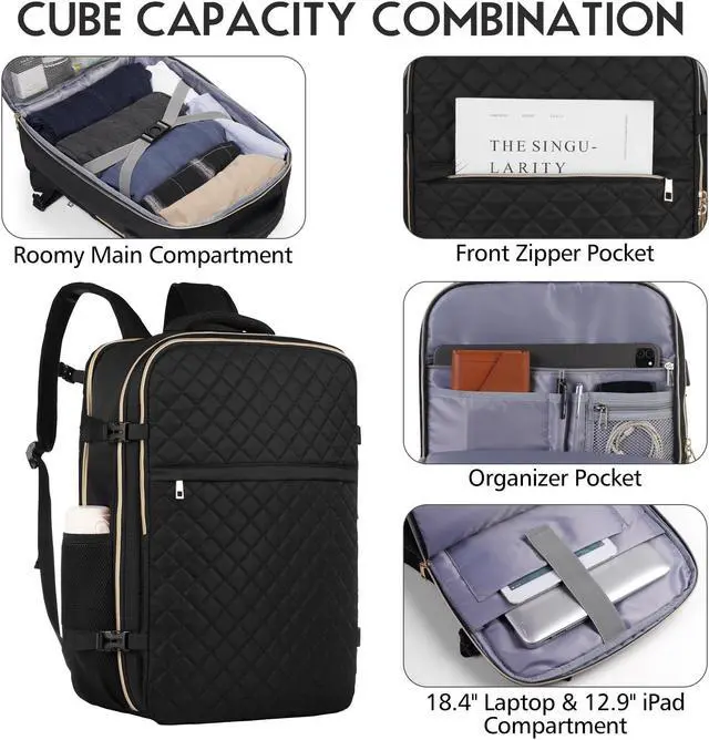 Alt view image 2 of 5 - MOMUVO Large Travel Backpack Women, Flight Approved Carry On Backpack with 3 Packing Cubes, Water Resistant Anti-Theft Large School Bag Fit 18.4 Inch Laptop with USB Charging Port, Black