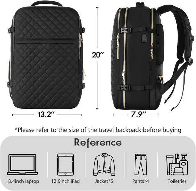 Alt view image 5 of 5 - MOMUVO Large Travel Backpack Women, Flight Approved Carry On Backpack with 3 Packing Cubes, Water Resistant Anti-Theft Large School Bag Fit 18.4 Inch Laptop with USB Charging Port, Black