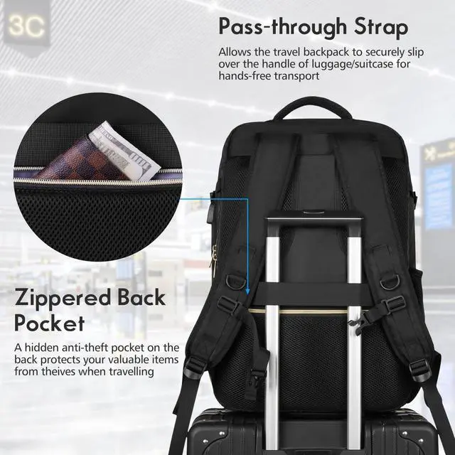 Alt view image 4 of 5 - MOMUVO Large Travel Backpack Women, Flight Approved Carry On Backpack with 3 Packing Cubes, Water Resistant Anti-Theft Large School Bag Fit 18.4 Inch Laptop with USB Charging Port, Black