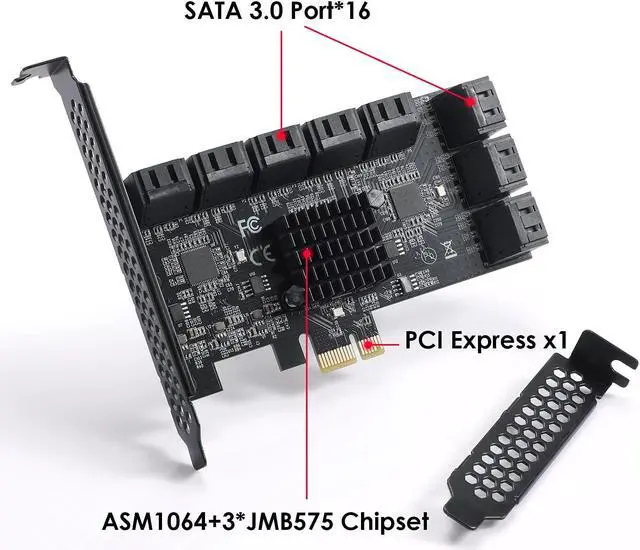 Alt view image 2 of 5 - MZHOU PCle 16-Port SATA III Controller Expansion Card, 6Gbps X1/X4/X8/X16, Supports 16 SATA Devices with Cables and Low Profile Bracket (ASM1064 Chip)