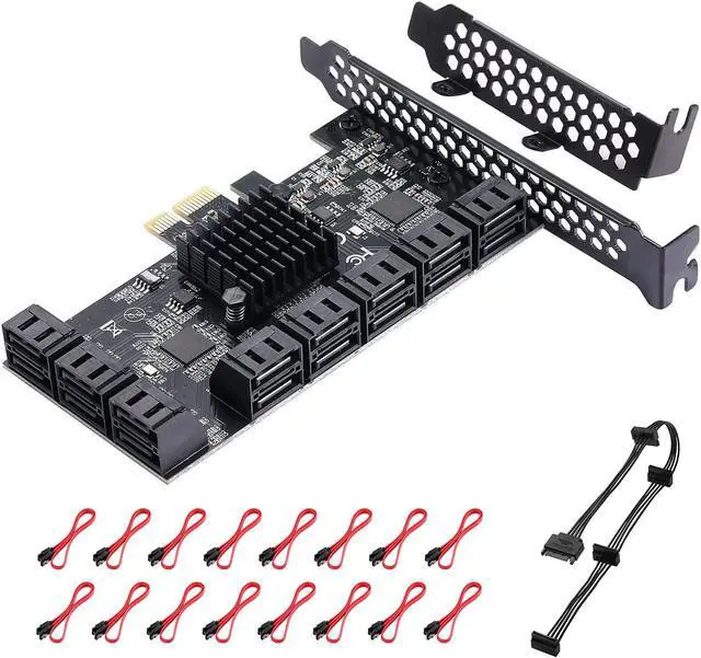 Main image of MZHOU PCle 16-Port SATA III Controller Expansion Card, 6Gbps X1/X4/X8/X16, Supports 16 SATA Devices with Cables and Low Profile Bracket (ASM1064 Chip)