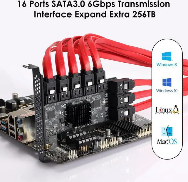 Alt view image 5 of 5 - MZHOU PCle 16-Port SATA III Controller Expansion Card, 6Gbps X1/X4/X8/X16, Supports 16 SATA Devices with Cables and Low Profile Bracket (ASM1064 Chip)