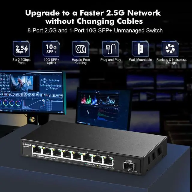 Alt view image 2 of 5 - MokerLink 8 Port 2.5G Ethernet Switch with 10G SFP+, 8x2.5G RJ45 Ports Compatible with 100/1000Mbps, Metal Unmanaged Fanless Desktop|Wallmount Network Switch