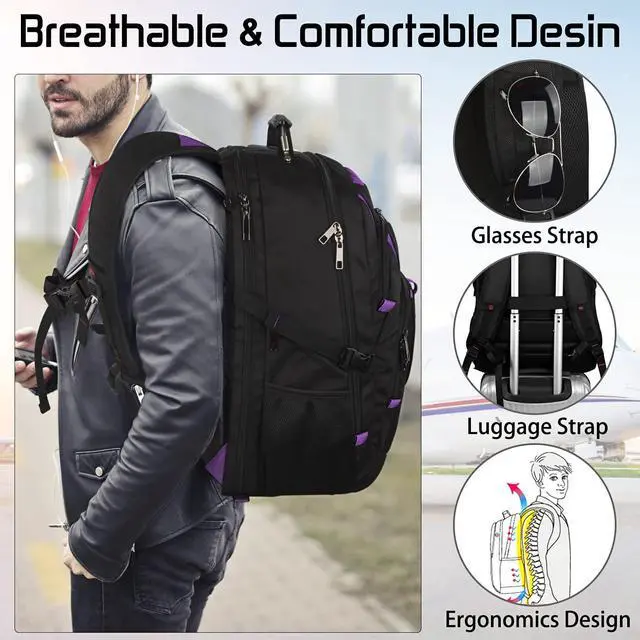 Alt view image 5 of 5 - 18.4 inch Travel Backpack Men Women, 55-60L Extra Large Laptop Backpack RFID Anti Theft TSA Friendly Flight Approved Backpacks, Water Resistant College School Heavy Duty With USB Charging Port, Purple
