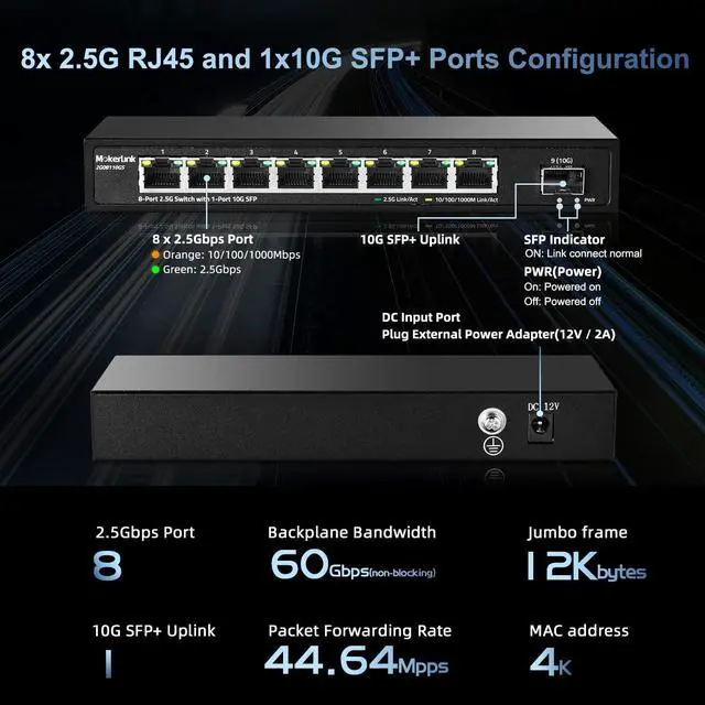 Alt view image 4 of 5 - MokerLink 8 Port 2.5G Ethernet Switch with 10G SFP+, 8x2.5G RJ45 Ports Compatible with 100/1000Mbps, Metal Unmanaged Fanless Desktop|Wallmount Network Switch