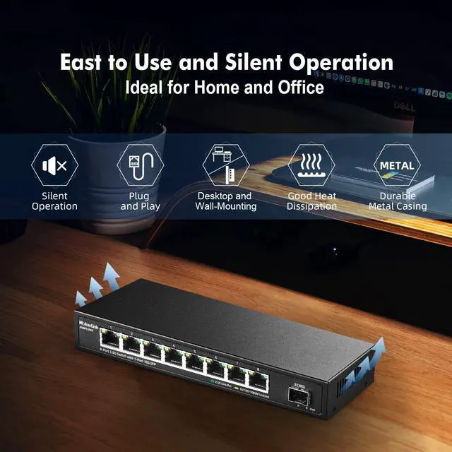 Alt view image 5 of 5 - MokerLink 8 Port 2.5G Ethernet Switch with 10G SFP+, 8x2.5G RJ45 Ports Compatible with 100/1000Mbps, Metal Unmanaged Fanless Desktop|Wallmount Network Switch
