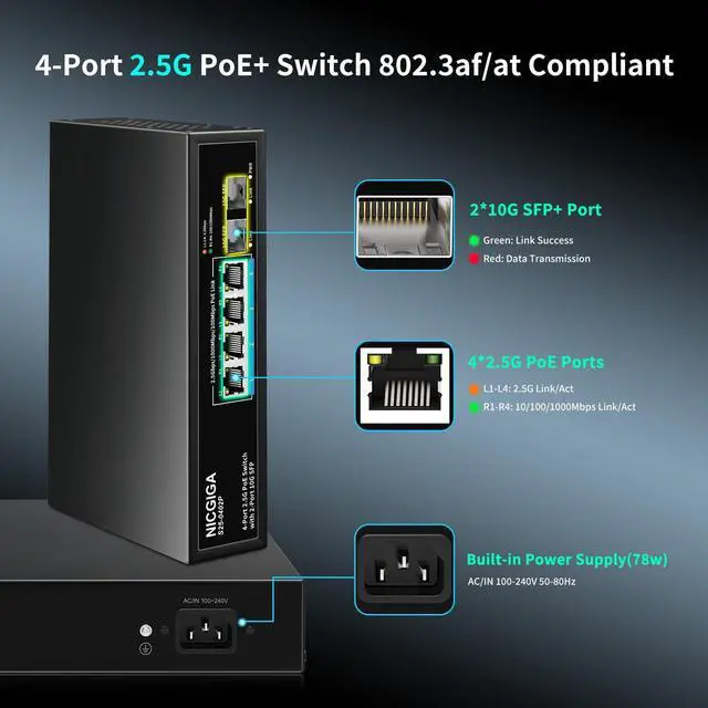 Alt view image 2 of 5 - 4 Port 2.5G PoE Switch Unmanaged with 4 x 2.5Gb Base-T @78W + 2 x 10G SFP Uplink, 2.5Gbe IEEE802.3af/at Power Over Ethernet, Support WiFi6 AP, NAS, 4K Camera NVR