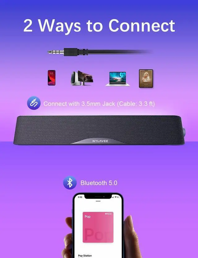 Alt view image 3 of 5 - Computer Speakers, HiFi Sound Quality Computer Sound Bar, USB Powered PC Speakers, Bluetooth 5.0 and 3.5mm Aux-in Computer Speakers for Desktop, Laptops, PCs, Phones, Tablets, Xbox, Gaming Speakers