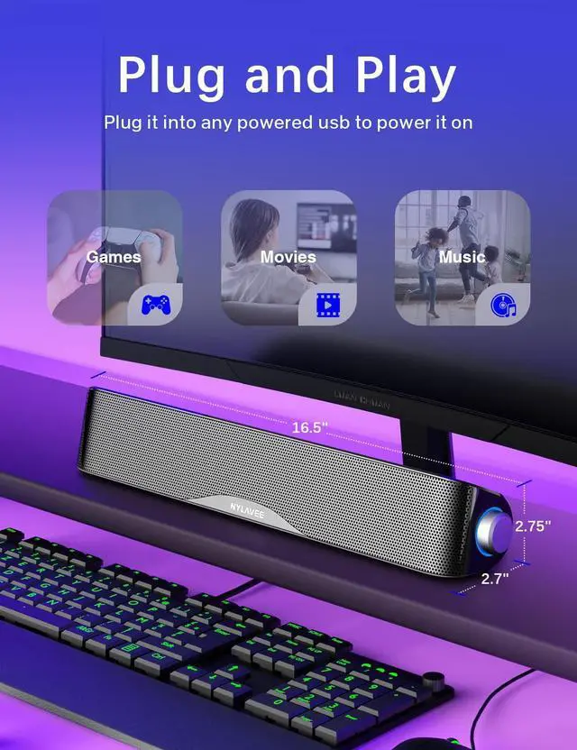 Alt view image 5 of 5 - Computer Speakers, HiFi Sound Quality Computer Sound Bar, USB Powered PC Speakers, Bluetooth 5.0 and 3.5mm Aux-in Computer Speakers for Desktop, Laptops, PCs, Phones, Tablets, Xbox, Gaming Speakers
