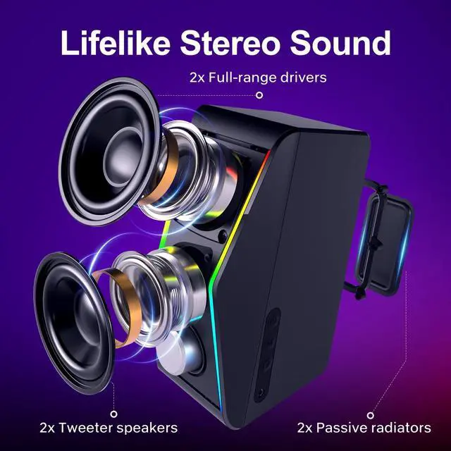 Alt view image 2 of 5 - Computer Speakers, Bluetooth 5.0 Hi-Fi Stereo PC Speakers, 4 Dynamic Lighting Modes Speakers for PC, AC Adapter Powered and 3.5mm AUX-in Computer Speakers for Desktop Monitor, Laptop, Tablet, Phone