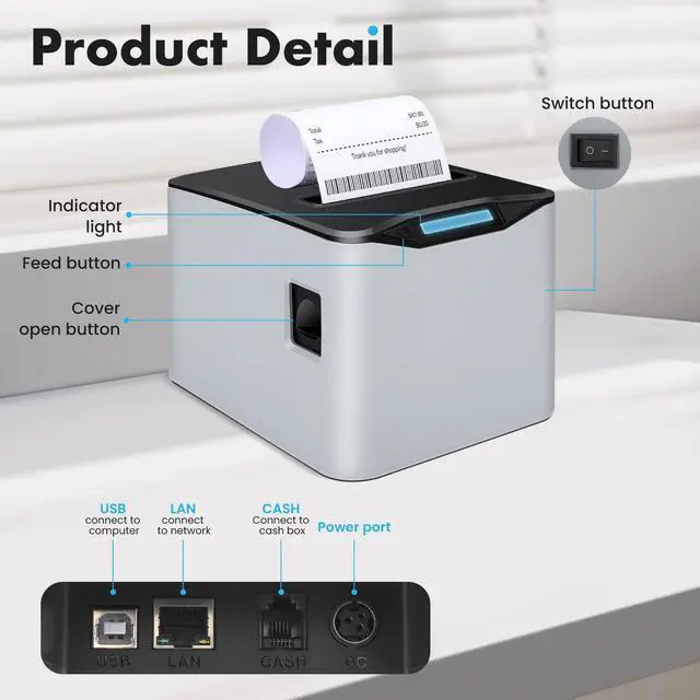 Alt view image 5 of 5 - NUCOUN Thermal Receipt Printer,80mm USB POS Printer,Auto Cutter,Support Cash Drawer,Support Windows/Mac/Linux,Printer for Home Office Restaurant