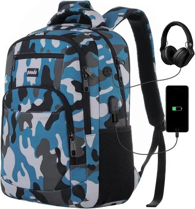 Main image of Paude 17 inch Backpack for Men,College Backpack School Bookbag for Teens,Travel Laptop Bookbag with USB Port and Headphone Hole,Camouflage Blue