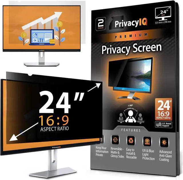 Main image of Privacy IQ 24" Inch 16:9 (2 Pack) Monitor Privacy Screen-Filter for 60 Degree Privacy, Advanced Anti-Glare, UV Light Reduction & Blue Light Filter