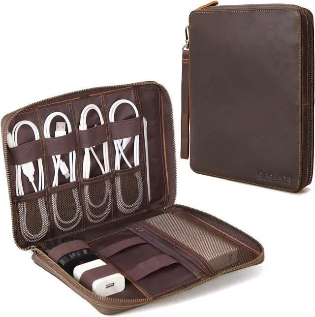 Main image of Polare Full Grain Leather Travel Cable Organizer Case Electronics Accessories Carry Bag with YKK Zippers Tech Storage Bag for Cables, Power Bank, USB, SD Card, Travel Essentials