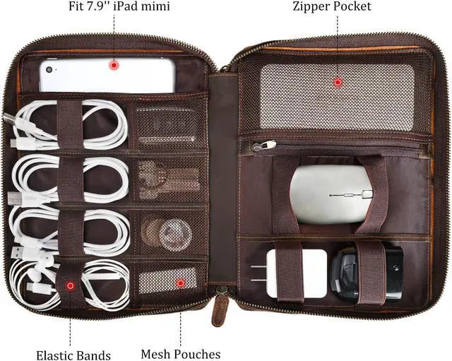 Alt view image 3 of 5 - Polare Full Grain Leather Travel Cable Organizer Case Electronics Accessories Carry Bag with YKK Zippers Tech Storage Bag for Cables, Power Bank, USB, SD Card, Travel Essentials