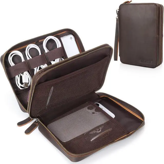Main image of Polare Full Grain Leather Travel Cable Organizer Case Double Layer Electronics Accessories Carry Bag with YKK Zippers Tech Storage Bag for Cables, Power Bank, USB, SD Card