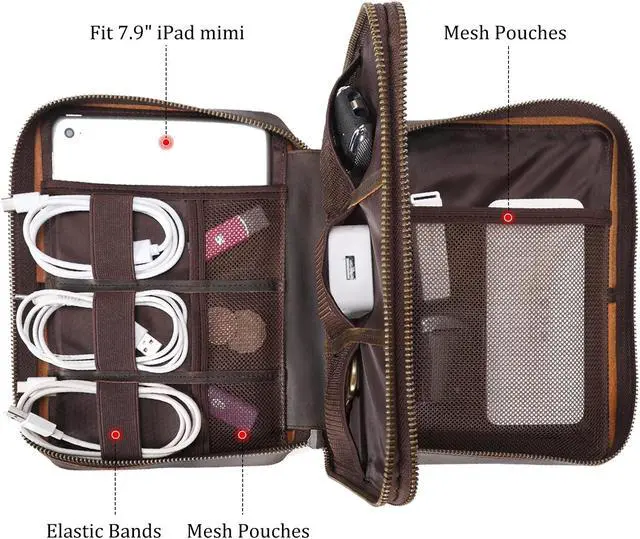 Alt view image 2 of 5 - Polare Full Grain Leather Travel Cable Organizer Case Double Layer Electronics Accessories Carry Bag with YKK Zippers Tech Storage Bag for Cables, Power Bank, USB, SD Card