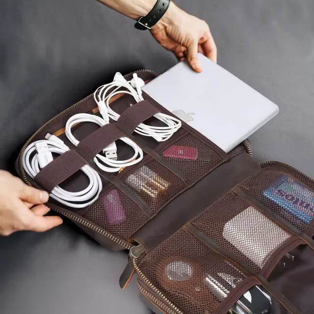 Alt view image 5 of 5 - Polare Full Grain Leather Travel Cable Organizer Case Double Layer Electronics Accessories Carry Bag with YKK Zippers Tech Storage Bag for Cables, Power Bank, USB, SD Card