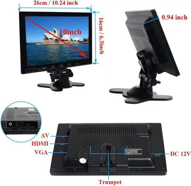 Alt view image 2 of 5 - PONPY 10.1" Ultra Thin 16:9 HD 1024x600 TFT LCD Color Display Touch Button Monitor Screen with AV HDMI VGA Video Input for Raspberry Pi 3B+ / Mini PC Display/Home Security/CCTV Camera