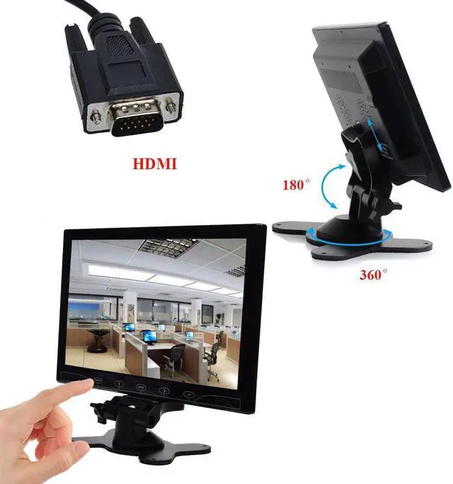 Alt view image 5 of 5 - PONPY 10.1" Ultra Thin 16:9 HD 1024x600 TFT LCD Color Display Touch Button Monitor Screen with AV HDMI VGA Video Input for Raspberry Pi 3B+ / Mini PC Display/Home Security/CCTV Camera