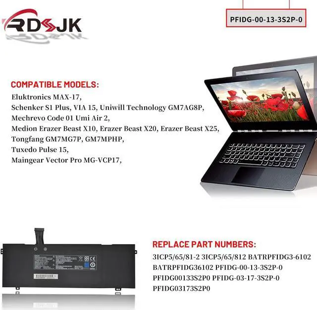 Alt view image 3 of 5 - PFIDG-00-13-3S2P-0 PFIDG-03-17-3S2P-0 Laptop Battery for Eluktronics MAX-17 Schenker S1 Plus VIA 15 Mechrevo Code 01 Umi Air2 Medion Erazer Beast X10 X20 X25 Tuxedo Pulse 15 GM7MG7P 11.55V 91.24Wh