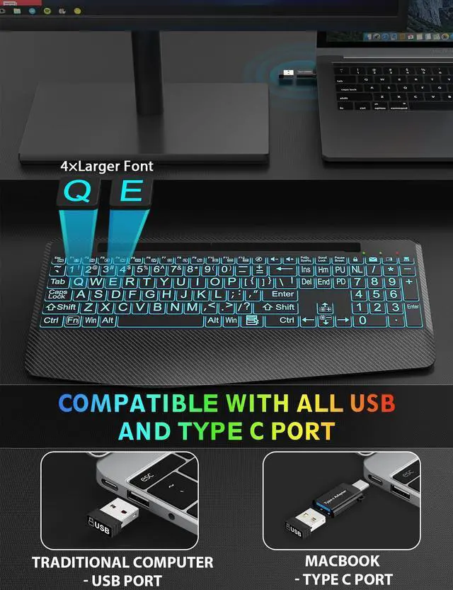 Alt view image 2 of 5 - Wireless Keyboard and Mouse Backlits, Wrist Rest, LED Mouse, Rechargeable Ergonomic Keyboard with Phone Holder, Silent Light Up Combo for Computer, Mac, PC, Laptop, Chromebook (Black Large Print)
