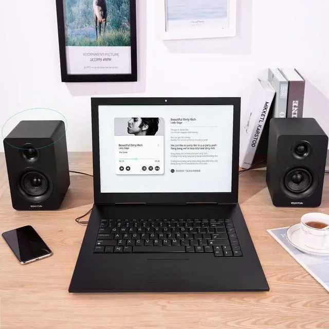 Alt view image 5 of 5 - Sanyun SW208 3" Active Bluetooth 5.0 Bookshelf Speakers  60W Carbon Fiber Speaker Unit - Built-in 24bit DAC - Dynamic 3D Surround Sound  2.0 Computer PC Monitor Gaming Speakers (Pair, Black)
