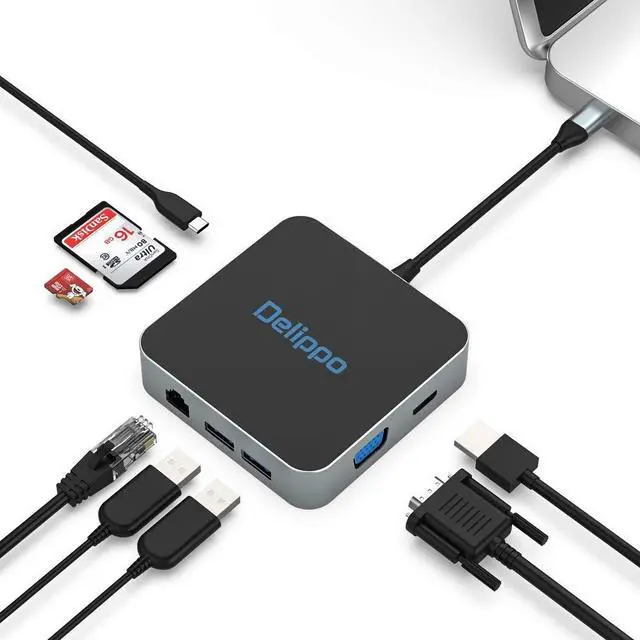 Main image of USB C Hub Docking Solution,Delippo 8 in 1 with Charger dongles Gigabit Ethernet Port, PD Type C Charging,4K HDMI,1080 VGA, SD TF Card Reader, 2 USB A Ports