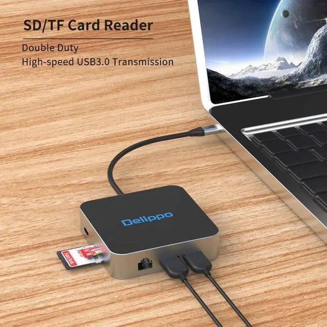 Alt view image 5 of 5 - USB C Hub Docking Solution,Delippo 8 in 1 with Charger dongles Gigabit Ethernet Port, PD Type C Charging,4K HDMI,1080 VGA, SD TF Card Reader, 2 USB A Ports