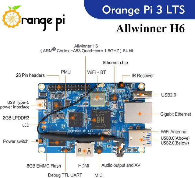 Alt view image 2 of 5 - Orange Pi 3 LTS Allwinner H6 2GB LPDDR3 8GB EMMC Flash Quad Core 64 Bit Single Board Computer 5V3A Type-C Support Android 9.0, Ubuntu, Debian Mini PC (PI3 LTS+ Type-C Power Supply+case)
