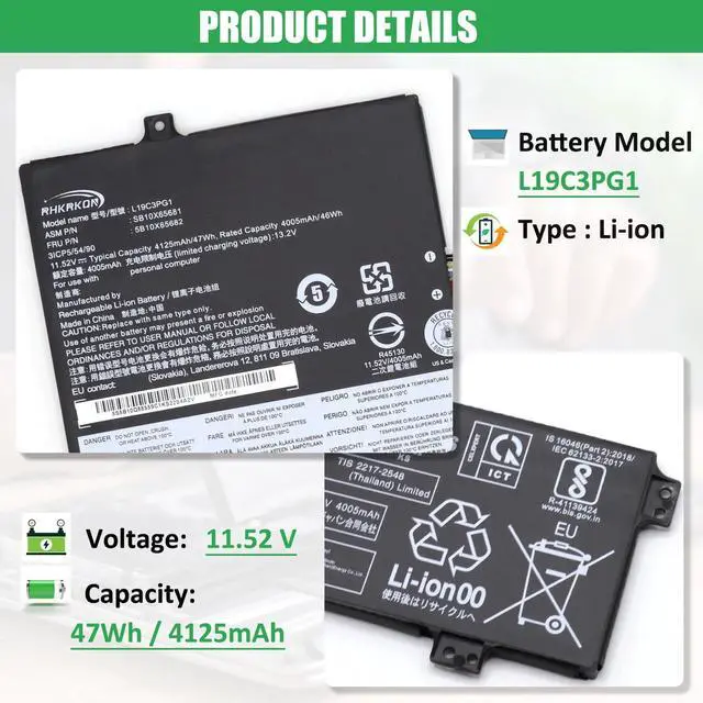 Alt view image 2 of 5 - RHKRKQN L19M3PG1 L19C3PG1 Laptop Battery Replacement for Lenovo 100e 300e Chromebook 2nd Gen AST 82CD 82CE ideapad 3 CB-11AST05 82H4 Series SB10X68685 5B10X65680 5B10X65684 5B11A25390 L19L3PG1 47Wh