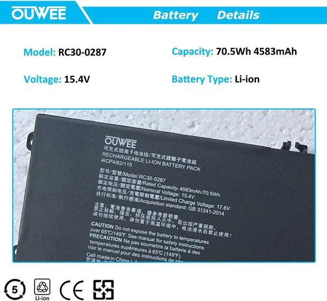 Alt view image 2 of 5 - OUWEE RC30-0287 Laptop Battery Compatible with Razer Blade Pro 17 2019 2020 RZ09-0287 RZ09-02876 RZ09-02877 RZ09-02878 RZ09-02876E92-R3U1 RZ09-03295 RZ09-03297 Series 4ICP4/62/115 70.5Wh