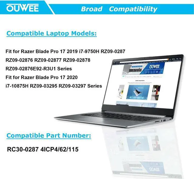 Alt view image 5 of 5 - OUWEE RC30-0287 Laptop Battery Compatible with Razer Blade Pro 17 2019 2020 RZ09-0287 RZ09-02876 RZ09-02877 RZ09-02878 RZ09-02876E92-R3U1 RZ09-03295 RZ09-03297 Series 4ICP4/62/115 70.5Wh