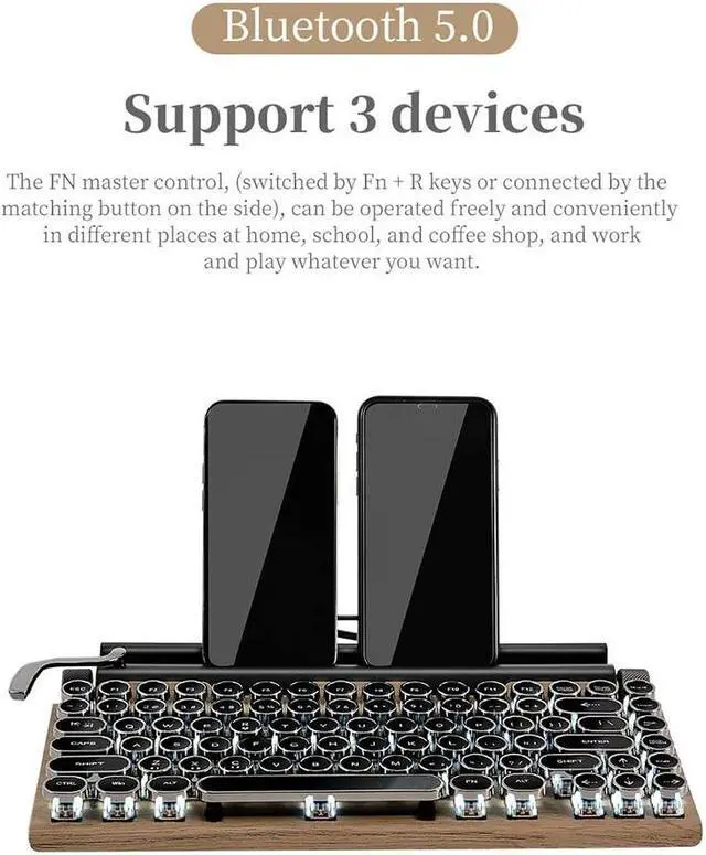 Alt view image 3 of 5 - GUAZI STORE Retro Typewriter Keyboard Punk Round Keyboard 83-Key Mechanical Keyboard Wireless Bluetooth Keyboard,Gaming Mechanical Keyboard,Anti-ghosting Blue Switch Mechanical Keyboard(Wood Color)