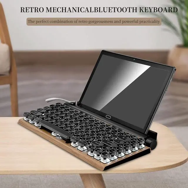 Alt view image 2 of 5 - GUAZI STORE Retro Typewriter Keyboard Punk Round Keyboard 83-Key Mechanical Keyboard Wireless Bluetooth Keyboard,Gaming Mechanical Keyboard,Anti-ghosting Blue Switch Mechanical Keyboard(Wood Color)