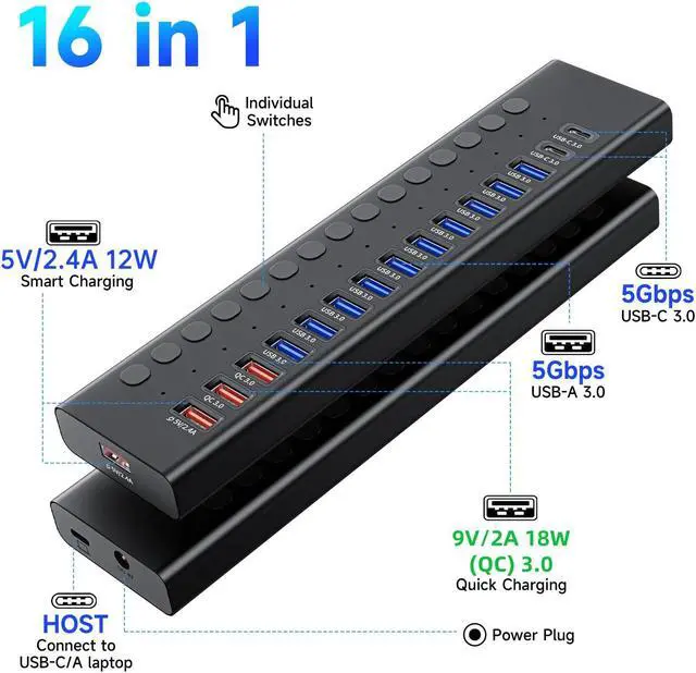 Alt view image 2 of 5 - Powered USB 3.0 Hub, 16-Port USB C Hub Splitter (10 USB 3.0+2 QC 3.0+2 Smart Charging+2 USB-C 3.0) with Individual Switches, 12V 7.5A 90W UL Certified Power Adapter for Laptop, Mac, PC, Computer