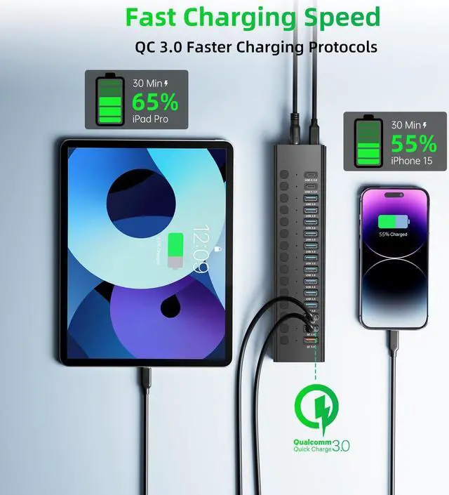 Alt view image 5 of 5 - Powered USB 3.0 Hub, 16-Port USB C Hub Splitter (10 USB 3.0+2 QC 3.0+2 Smart Charging+2 USB-C 3.0) with Individual Switches, 12V 7.5A 90W UL Certified Power Adapter for Laptop, Mac, PC, Computer