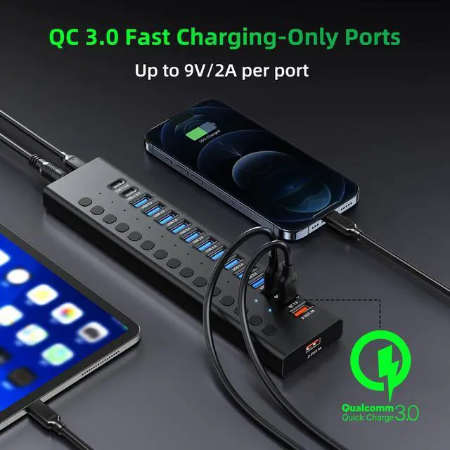 Alt view image 4 of 5 - Powered USB 3.0 Hub, 16-Port USB C Hub Splitter (10 USB 3.0+2 QC 3.0+2 Smart Charging+2 USB-C 3.0) with Individual Switches, 12V 7.5A 90W UL Certified Power Adapter for Laptop, Mac, PC, Computer