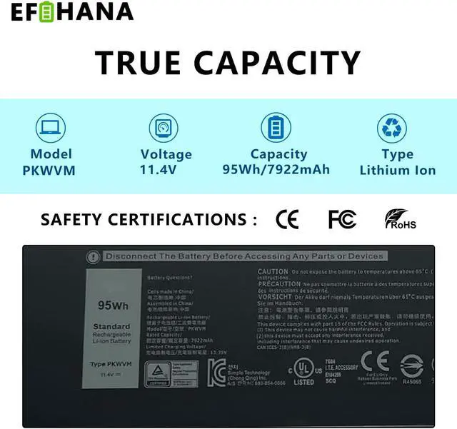 Alt view image 2 of 5 - PKWVM Laptop Battery Replacement for Dell Precision 7550 7560 7760 7550 7750 Series 3ICP5/62/85-2 453-BBCQ 68ND3 0CR72X C903V CR72X 068N03 0447VR G5FJ8 J0VNR 17C06 447VR 11.4V 95Wh 7922mAh 6-Cell