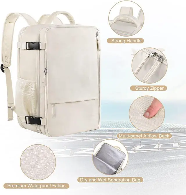 Alt view image 4 of 5 - Sinaliy Large Travel Backpack for Women (Beige & Pink), 40L Carry On Backpack, 17 Inch Laptop Waterproof Casual Backpack, College Bookbag, Backpack for Women, as Person Item Flight Approved