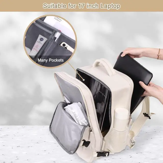 Alt view image 5 of 5 - Sinaliy Large Travel Backpack for Women (Beige & Pink), 40L Carry On Backpack, 17 Inch Laptop Waterproof Casual Backpack, College Bookbag, Backpack for Women, as Person Item Flight Approved