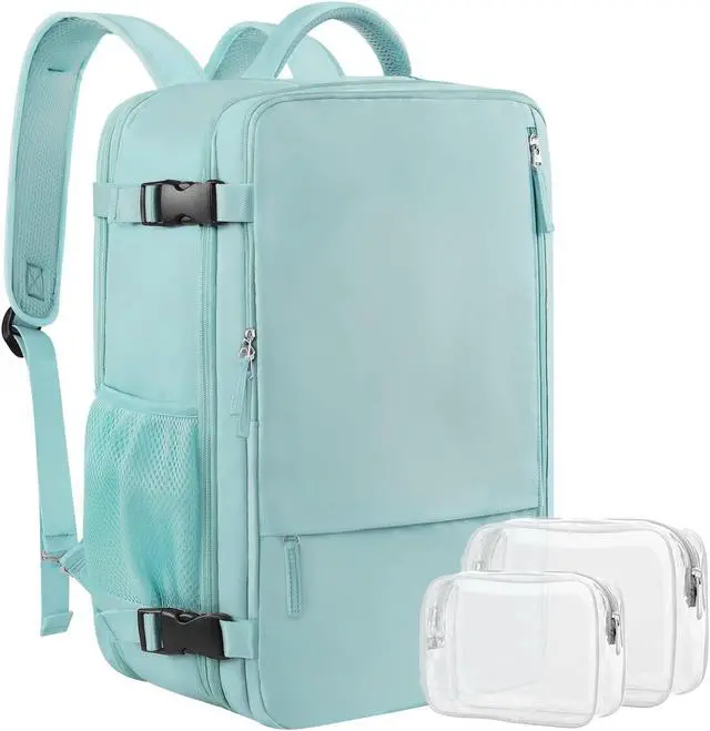 Alt view image 2 of 5 - Sinaliy Large Travel Backpack (Beige+Green), 40L Carry On Backpack, 17 Inch Laptop Backpack, Waterproof Backpack, College Bookbag, Laptop Backpack, Backpack for Women, as Person Item Flight Approved
