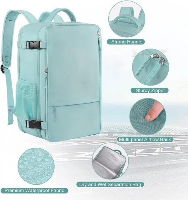 Alt view image 4 of 5 - Sinaliy Large Travel Backpack (Beige+Green), 40L Carry On Backpack, 17 Inch Laptop Backpack, Waterproof Backpack, College Bookbag, Laptop Backpack, Backpack for Women, as Person Item Flight Approved