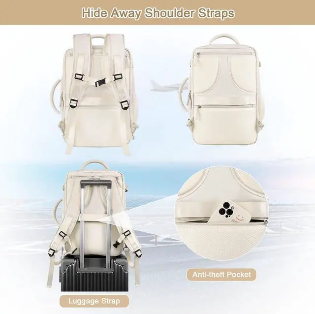 Alt view image 5 of 5 - Sinaliy Large Travel Backpack (Beige+Green), 40L Carry On Backpack, 17 Inch Laptop Backpack, Waterproof Backpack, College Bookbag, Laptop Backpack, Backpack for Women, as Person Item Flight Approved