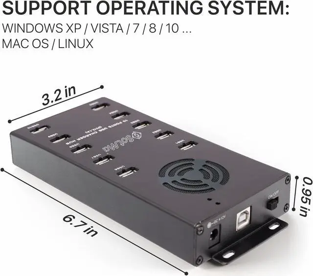 Alt view image 2 of 5 - Premium Design USB 2.0 Hub - Multi-Safety Protection 10-Port Powered USB Hub 2.0 with AC Adapter - USB Splitter with Cooling Fan and Mounting Brackets - Aluminum Charging Hub for Multiple Devices