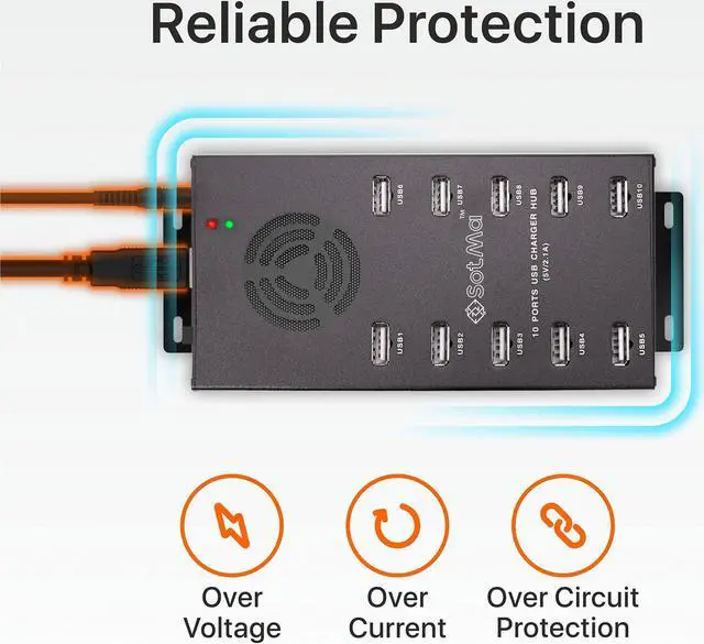 Alt view image 3 of 5 - Premium Design USB 2.0 Hub - Multi-Safety Protection 10-Port Powered USB Hub 2.0 with AC Adapter - USB Splitter with Cooling Fan and Mounting Brackets - Aluminum Charging Hub for Multiple Devices