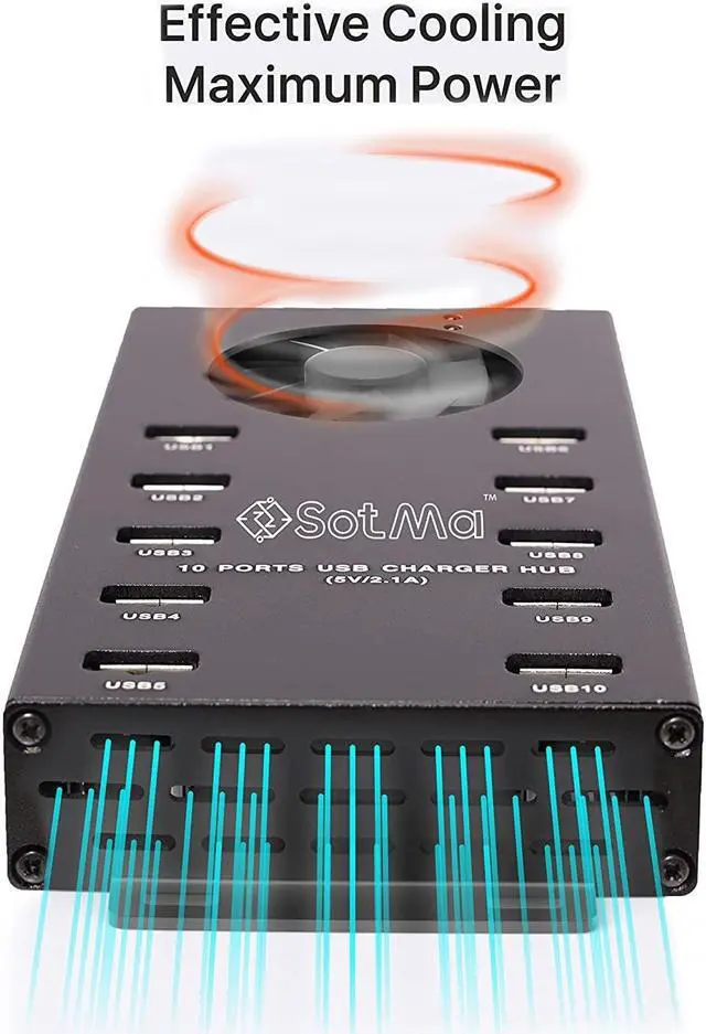 Alt view image 4 of 5 - Premium Design USB 2.0 Hub - Multi-Safety Protection 10-Port Powered USB Hub 2.0 with AC Adapter - USB Splitter with Cooling Fan and Mounting Brackets - Aluminum Charging Hub for Multiple Devices