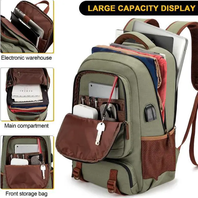 Alt view image 2 of 5 - Tzowla Canvas Laptop Backpack, Bag for Men Women,Travel Work Rucksack Fits 15.6 Inch Laptop, Bookbag with USB Charging Port