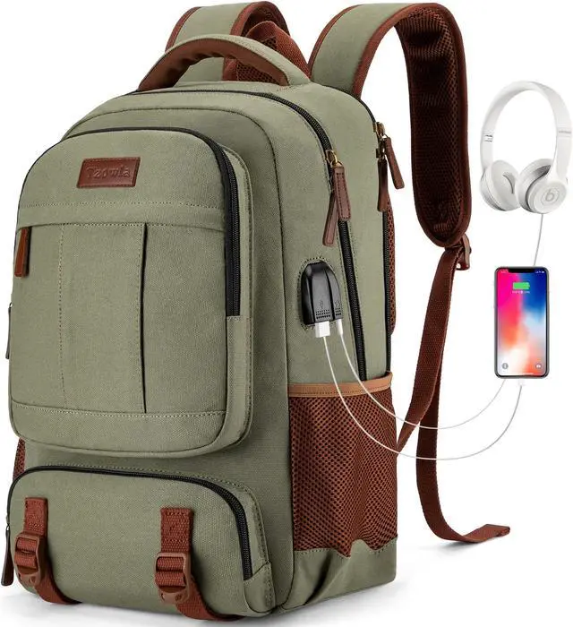 Main image of Tzowla Canvas Laptop Backpack, Bag for Men Women,Travel Work Rucksack Fits 15.6 Inch Laptop, Bookbag with USB Charging Port